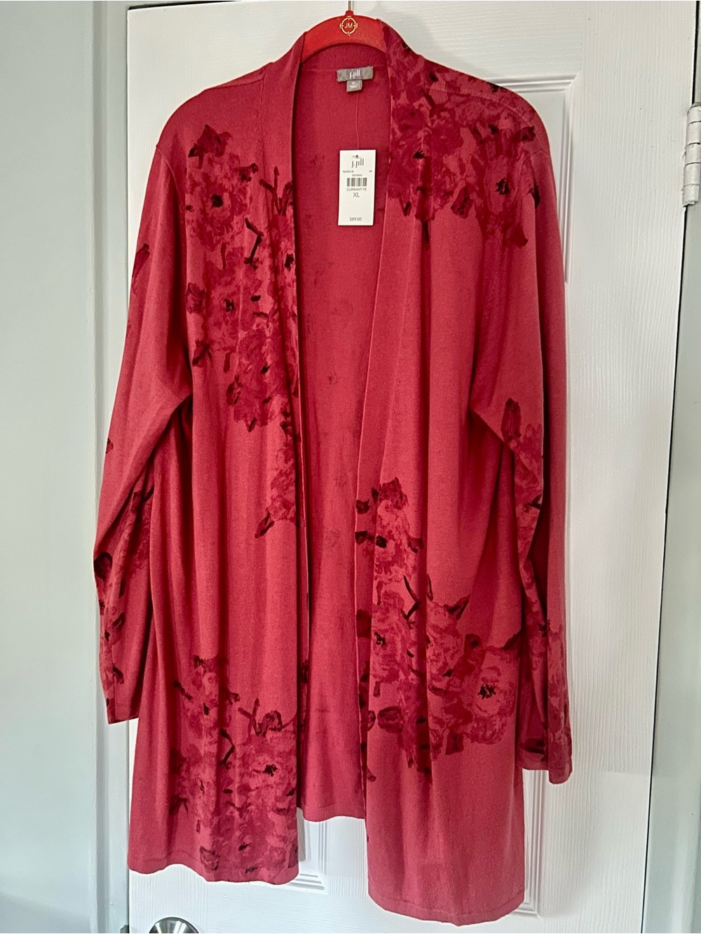 NWT J.Jill Red Floral Silk Cotton Cashmere lightweight long sleeve cardigan